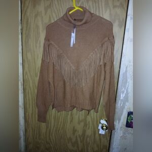 Chelsea & Theodore Fringe Sweater Womens Size Large Brown Western Cowl Neck NWT